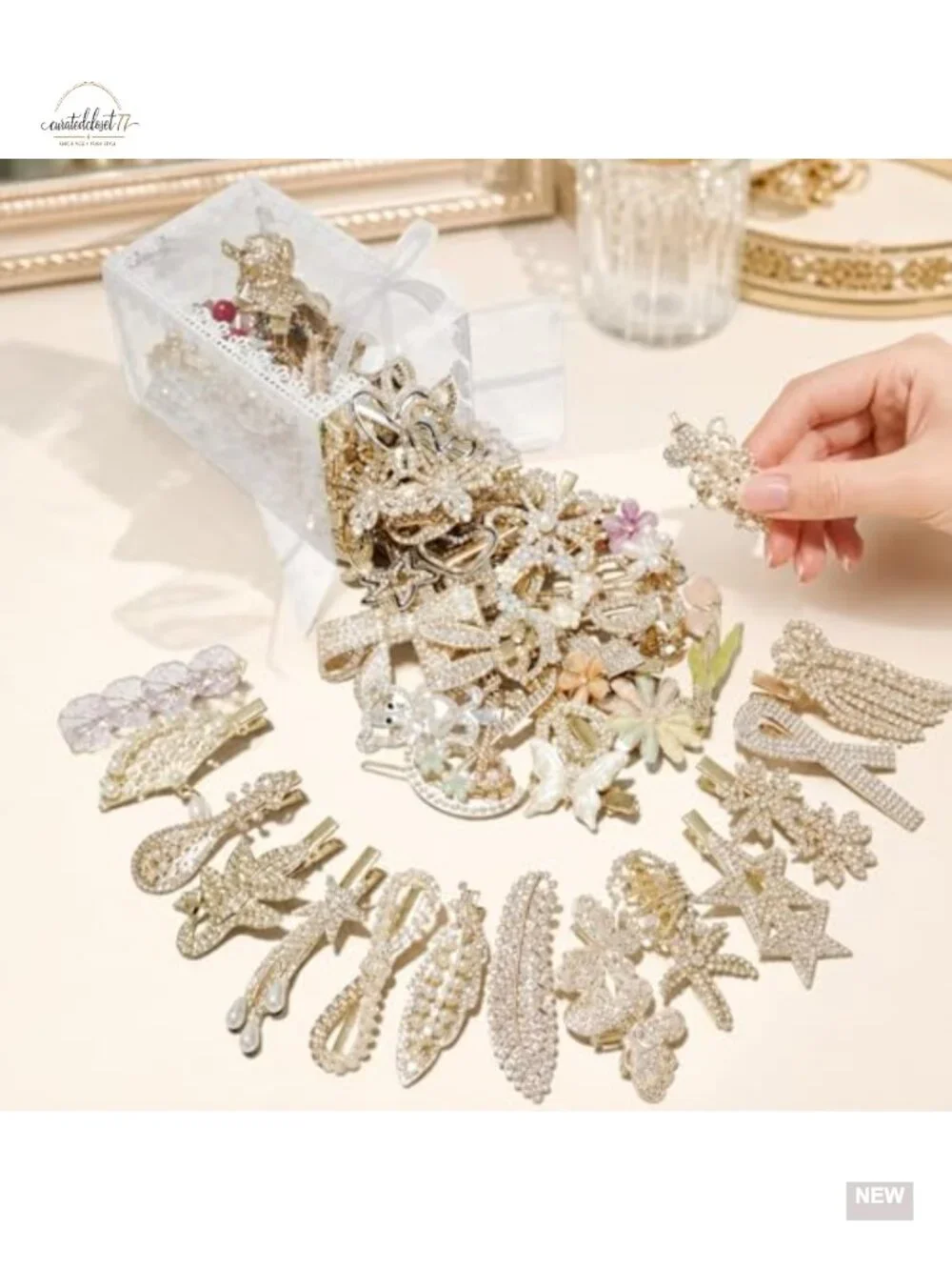 50 Pcs Hair Clips Set - Faux Pearl, Rhinestone, Resin & Gold-Tone Barrettes,